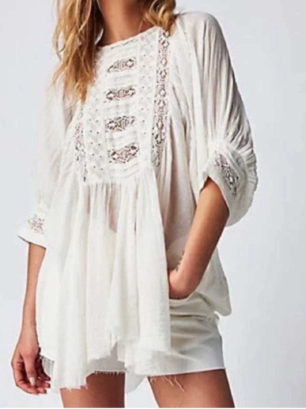 FP One Small Top Finley Tunic Top in White gauze raw hem lace detail 100% cotton